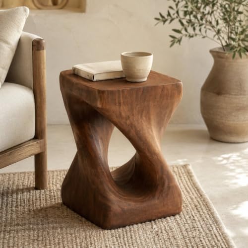 IRONORA Rustic Brown Twisted Hollow Wood Grain Pedestal Side Table, Hourglass Sculpture Accent End Table, Decorative Plant Stand for Living Room Covered Patio Wabi Sabi Farmhouse Decor - color: Style A-antique Brown