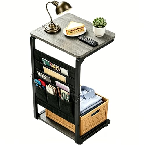 TV Tables for Eating Over Couch, Sofa Side Table Tray Dinner Recliner Chair | TV Trays on Couch Tables that Slide Under, Small Laptop C Shaped End Stand, Snack Food Breakfast Drink, Living Room ET-P-GYW1 - color: Greige