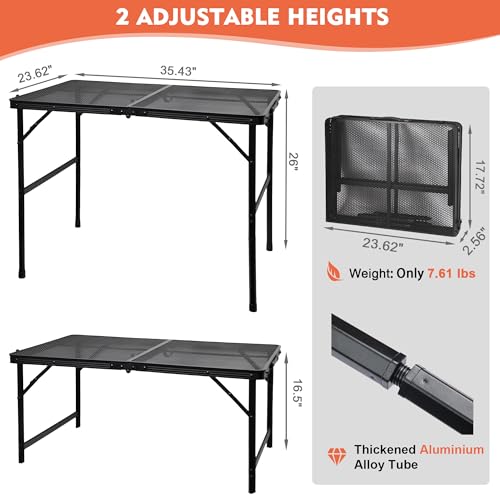 GREGIN Camping Table with Mesh Desktop, Lightweight & Portable Folding Grill Table, Height Adjustable Metal Outdoor Table for Camp, Cooking, BBQ, RV, Picnic-3 FT Black - size: M: 35.43"L x 23.62"W x 16.5"H/26"H