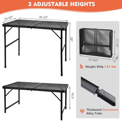 GREGIN Camping Table with Mesh Desktop, Lightweight & Portable Folding Grill Table, Height Adjustable Metal Outdoor Table for Camp, Cooking, BBQ, RV, Picnic-3 FT Black - size: M: 35.43"L x 23.62"W x 16.5"H/26"H