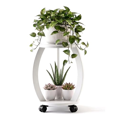 2 Tier Wooden Plant Stand Indoor with Wheels – Tall Plant Stand for 6-12 Inch Pots, Mid-Century Modern Rustic Plant Table Indoor, Pedestal Stand for Corner, Living Room, Balcony, White - color: White