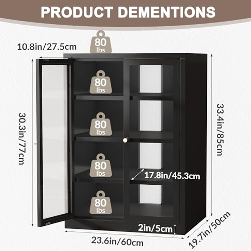 Metal Media Cabinet, 4-Tier Stereo Cabinet with Glass Doors & Adjustable Shelves, Audio AV Rack with Cable Management, Black - color: Black, style: FloorSeal
