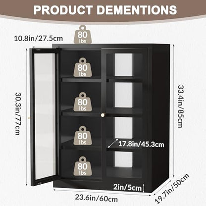Metal Media Cabinet, 4-Tier Stereo Cabinet with Glass Doors & Adjustable Shelves, Audio AV Rack with Cable Management, Black - color: Black, style: FloorSeal