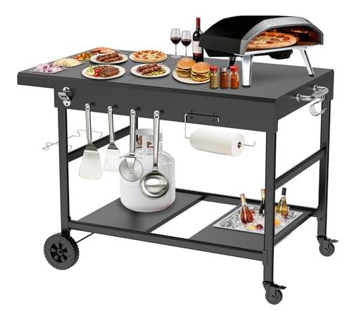 Outdoor Pizza Oven Table with Topping Station | Propane Tank Stand, Beverage Storage Tray, Seasoning Boxs, 4 Wheels, Hooks, Pizza Oven Table for Patio, Kitchen, Backyard