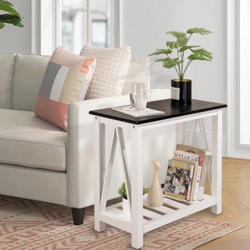 Farmhouse End Side Table Wood Frame Narrow Side Table with Shelves Black White Rectangular Night Stand Sofa Table for Couch, Small Spaces, Living Room, Bedroom - color: Black&white