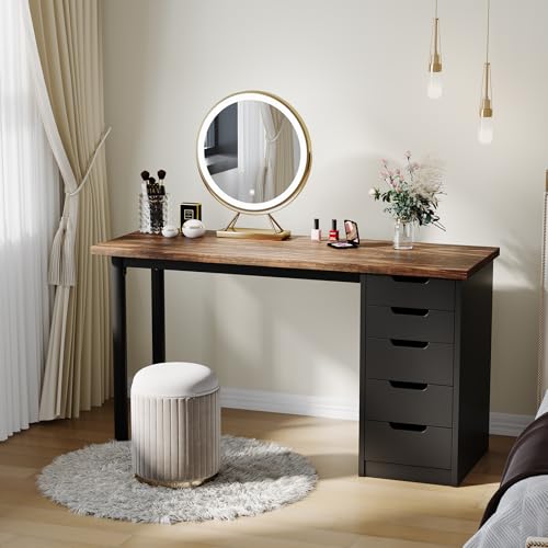 Garvee Computer Desk with 5 Drawers, 47 Inch Modern Simple Study Writing Desk with Storage, Rustic Home Office Desk, Reversible Computer Desk for Small Spaces, Apartments, Dorms, Brown+Black - color: Brown + Black