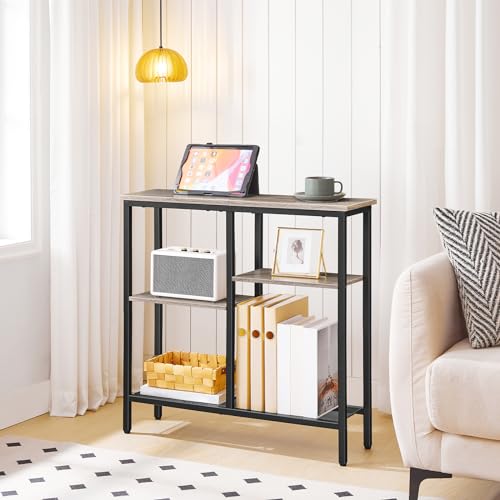 HOOBRO Narrow Console Table, Sofa Table, 4-Tier Industrial Entryway Table with Metal Mesh Shelf, Hallway Table with Adjustable Feet, for Entryway, Living Room, Hallway, Greige and Black BG79XG01 - color: Greige + Black