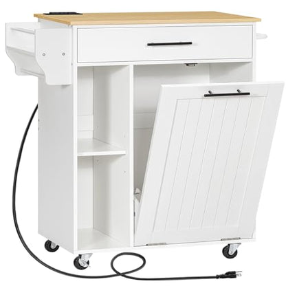 HOOBRO Kitchen Island with Trash Can Storage, Rolling Kitchen Island on Wheels, Kitchen Storage Island with Power Outlet, Mobile Islands Table for 10 Gallon Garbage Bin, Natural and White WN80UZD01G1 - color: Natural + White
