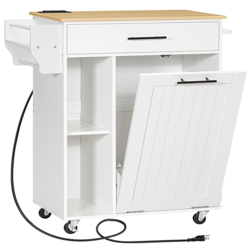 HOOBRO Kitchen Island with Trash Can Storage, Rolling Kitchen Island on Wheels, Kitchen Storage Island with Power Outlet, Mobile Islands Table for 10 Gallon Garbage Bin, Natural and White WN80UZD01G1 - color: Natural + White