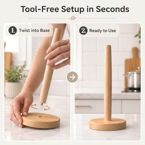Wooden Paper Towel Holder for Countertop, Solid Beech Wood Stand with Non-Slip Base, Fits Standard Kitchen Rolls, Easy Assembly, Farmhouse Paper Towel Dispenser - size: Standard, style: Classic Beech