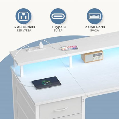 DUMOS 40-Inch Gaming Desk with Power Outlets and LED Lights, White | Computer Desk with 4 Storage Drawers, Home Office Desk with Monitor Stand, Small Desk for Bedroom Study - size: 40-In