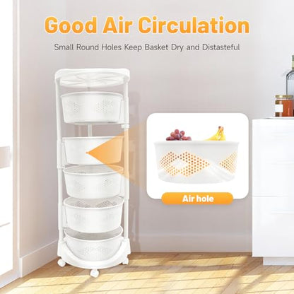 5-Tier Adjustable Kitchen Storage Rack,5 Layer Rotating Vegetable Organizer with Lockable Casters,Multi-Layers Rotatable Baskets for Kitchen Bathroom Living Room,White - size: 5-Tier