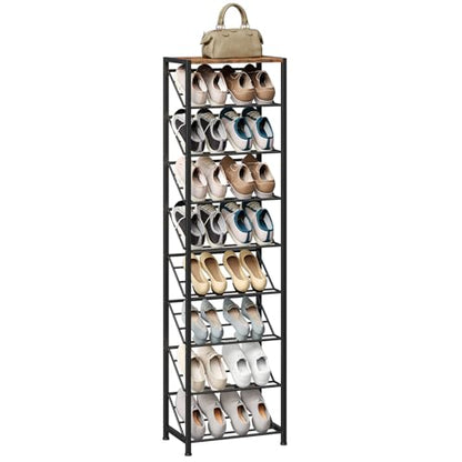 HOOBRO Narrow Shoe Rack for Small Spaces, Slanted Shoe Organizer for Entryway, Slim Angled Shoe Storage Rack for Closet, Space Saving 9 Tier Shoe Shelf Holds 8-16 Pairs, Rustic Brown BF92XJ01 - size: 9 Tier ( 60.6"H)