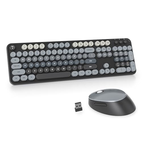 Guffercty kred Colorful Grey Wireless Keyboard and Mouse Combo, Retro Typewriter Wireless Full-Size Cute Office Keyboard 2.4GHz with Round Keycaps for Desktop Laptop and PC(Gradient Black) - color: Gradient Black