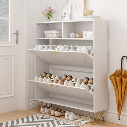 JOZZBY Large Shoe Cabinet for Entryway, 46'' Tall Narrow Shoe Storage Cabinet with 2 Flip Drawers and Open Shelves, White Freestanding Shoe Organizer for Hallway, Living Room - size: Smooth