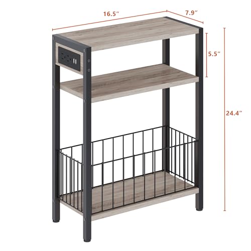 TRIFEBLE Narrow Side Table with Charging Station, Small End Table for Small Spaces, Slim Nightstand with Storage Basket, 3 Tier Skinny Bedside Table for Living Room, Bedroom, Greige - color: Greige, style: With Basket & Power