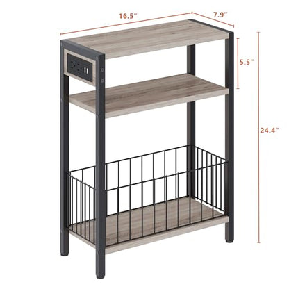 TRIFEBLE Narrow Side Table with Charging Station, Small End Table for Small Spaces, Slim Nightstand with Storage Basket, 3 Tier Skinny Bedside Table for Living Room, Bedroom, Greige - color: Greige, style: With Basket & Power