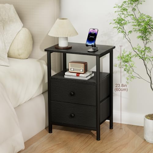 Night Stand, Black Nightstands Set of 2 for Bedroom | Small Bedside Table with 2 Fabric Drawers, End Tables Living Room, Bed Side Table with Open Storage Shelf - color: Black