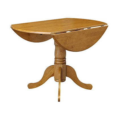 IC International Concepts, 42" Round Dual Drop Leaf Pedestal Dining Table, Solid Real Wood, Sturdy Parawood, Dimensions 42"D x 42"W x 29.5"H, 20mm thickness, 40lbs Weight Capacity, Oak - color: Oak