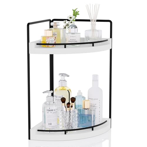 Corner Bathroom Counter Organizer, 2 Tier Wood Vanity Storage, Waterproof Skincare Shelf for Kitchen & Toiletries Decor, Dresser (White-2 Tier) - color: White-2 Tier