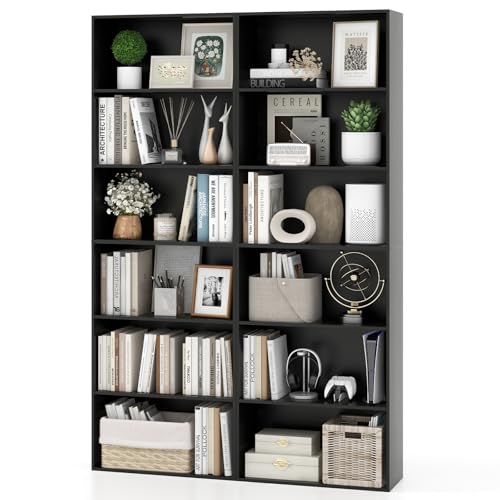 Giantex 6-Tier Bookcases Set of 2, 70" Tall Wooden Bookshelf, Freestanding Storage Organizer w/Open Shelves, Anti-Tipping Kits, Modern Floor Standing Display Shelves for Living Room, Bedroom, Black - color: Black, size: 23.5" x 9.5" x 70" (2 Pack)