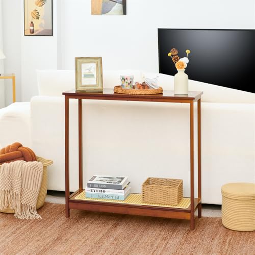Bamboo Narrow Console Table, 31.5"(L) Wood Small Entryway Table with Rattan and Glass, Accent Slim Hallway Tables, Thin Sofa Side Tables for Hallway, Living Room, Bedroom, Foyer, Walnut - color: Walnut 31.5"(l)