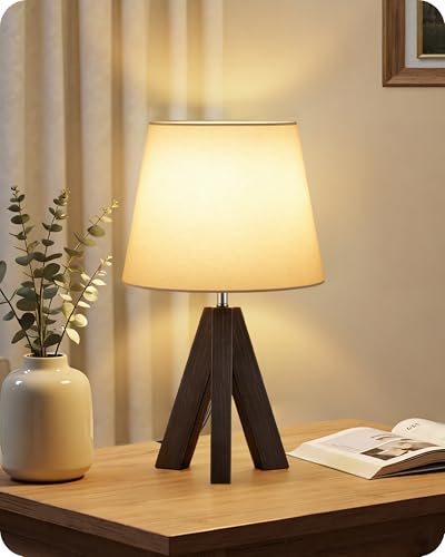 Small Table Lamp for Bedroom, 14.6" Bedside Lamp with White Linen Shade and Walnut Wood Tripod Base, Modern Nightstand Lamp for Living Room, Nursery, Entryway, E26 Socket, VW51TL05 - color: White+Dark Walnut