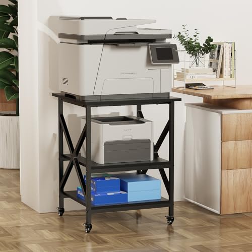 3 Tier Printer Stand, Large Table with Wheels, Rolling Cart with Height Adjustable Middle Storage Shelf, 23.6 x 23.6 x 30.3 Inches Shelf for Home Office, Black - color: Black