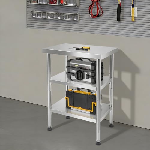 24"x18"x35" 3-Tier Industrial Workstation, Heavy Duty Stainless Steel Table with Adjustable Shelves, 425 lbs Top Load, 4 Swivel Casters and Leveling Feet for Home or Commercial Use - size: 24 X 18 X 35 Inches