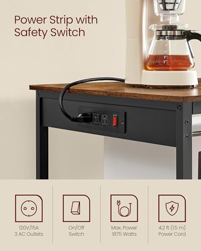 VASAGLE Kitchen Island with 3 Shelves, 39.4 Inches Width Kitchen Shelf with Power Strip, Large Worktop, Stable Steel Structure, Industrial, Easy to Assemble, Rustic Brown and Black UKKI105K01 - color: Rustic Brown + Black, size: 39.4"W x 34.9"H, style: wi