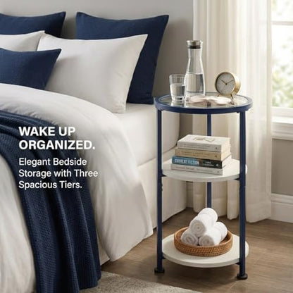 Modern 3-Tier Round Side Table with Glass Top, Small End Table for Small Spaces, 22" High Bedside Table with White Shelves and Navy Blue Frame, Stylish Metal Nightstand for Living Room Bedroom - color: White + Navy Blue