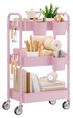 YASONIC 3-Tier Metal Rolling Cart, Heavy Duty Utility Cart with Lockable Wheels, Hanging Cups, Hooks, Mesh Rolling Storage Cart Craft Organizer, Lightweight and Sturdy, Pink - color: Pink