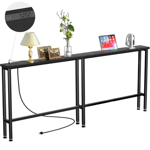 Keelian 63" Sofa Table Narrow Long with Power Outlets & 2 USB Ports, Metal Frame,Behind Couch Table Behind Sofa for Living Room, Hallway, Entrance- Easy Assembly, 4.9' Extension Cord Included. - color: Black, size: 63IN