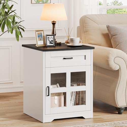 Farmhouse End Table Set of 2, 18" Square Side Table with Drawer and Barn Door Storage, Wood Couch Side Table for Living Room, Bedroom, White - size: 2PCS