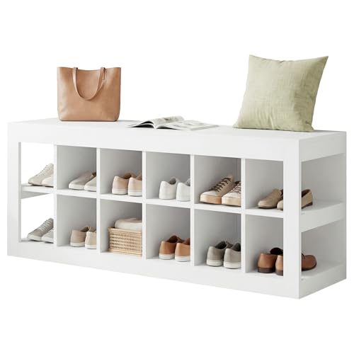 Tribesigns White Storge Cubes, Wood Storage Organizer, Modern 52" Shoe Entryway Bench