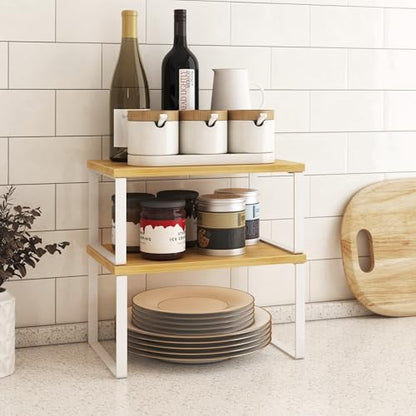 Kitchen Cabinet Organizer Shelf Set of 4, Sturdy Kitchen Counter Shelves with Metal Legs, Stackable Expandable Wood Spice Rack Pantry Cupboard Dish Mug Cup Storage Organizer Shelf,White+Bamboo - color: White+Bamboo