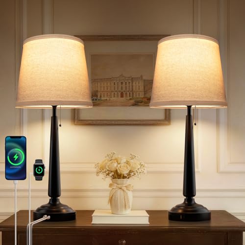 EppieBasic 22" Farmhouse Bedside Table Lamps Set of 2 with 3-Way Dimmable | with USB-C+A Charging Ports, Rustic Pull Chain Switch, Beige Linen Shade, for Bedroom, Living Room, Nightstand - style: XT-02