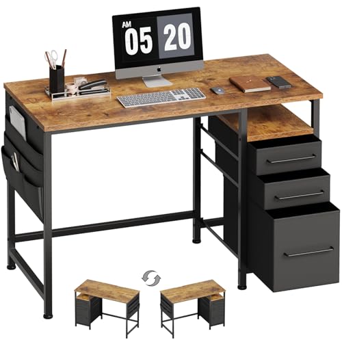 Ｍａｉｈａｉｌ Maihail Small Desk with Drawers, 40 inch Computer Desk with Shelves, Writing Desk with Storage, Small Office Desk with Metal Frame, Rustic Brown - color: Rustic Brown+black, size: 40 inch