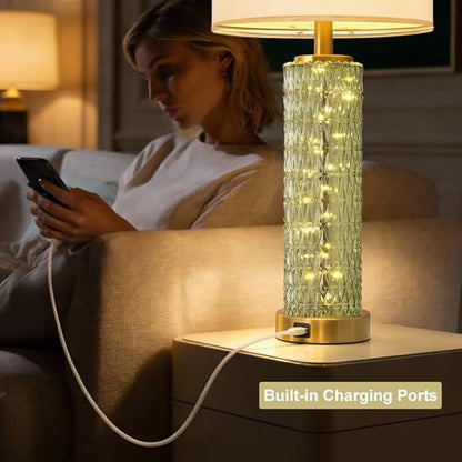 Oneach 27.75" Modern Table Lamps Set of 2, Green Bedside Lamp with Glass Nightlight, USB A+C, Unique Desk Lamps for Living Room, Bedroom, Nightstand, End Table (2 Bulbs Included) - color: Green - White Shade