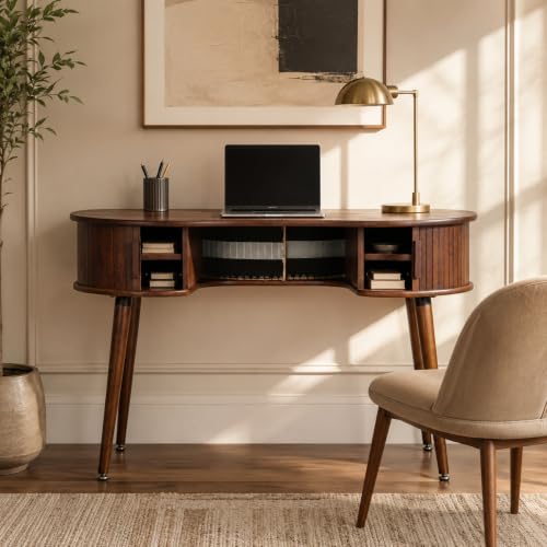 NTC Ripple Desk, Modern Wooden Writing Desk with Two Hidden Drawers, Stylish Vertical Groove Design, Home Office Workstation, Minimalist Study Table, Easy Assembly - Dark Walnut - color: Dark Walnut, style: Desk