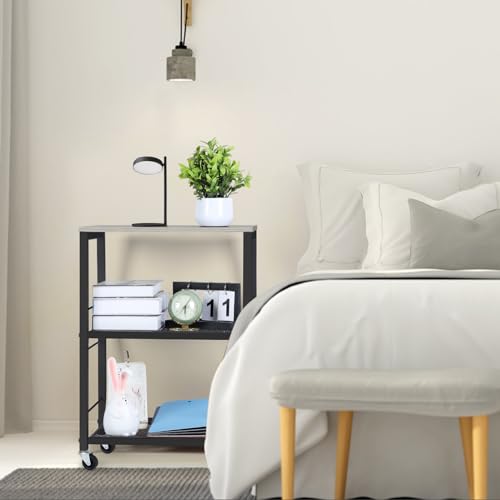 MOOACE 3 Tier End Table with Wheel, Kitchen Cart Storage Shelf, Gray | Small Side Table Nightstand, Rolling Kitchen Utility Cart Table Stand for Bedroom Living Room Office Balcony - color: Grey