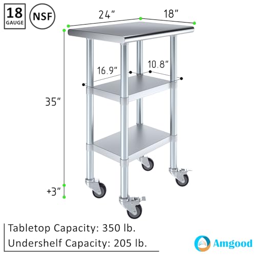 AmGood Stainless Steel Work Table with 2 Shelves and Casters | Metal Utility Table On Wheels (Stainless Steel Work Table with 2 Shelves + Casters, 24" Long x 18" Deep) - size: 24" Long x 18" Deep