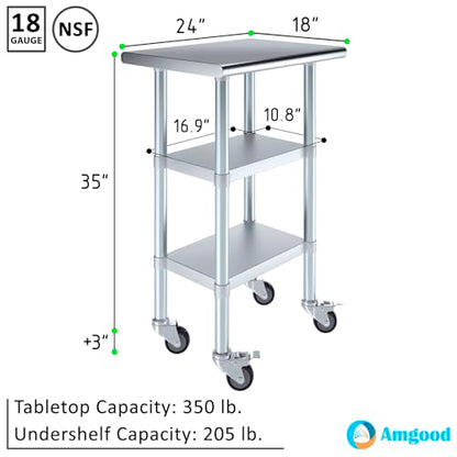 AmGood Stainless Steel Work Table with 2 Shelves and Casters | Metal Utility Table On Wheels (Stainless Steel Work Table with 2 Shelves + Casters, 24" Long x 18" Deep) - size: 24" Long x 18" Deep