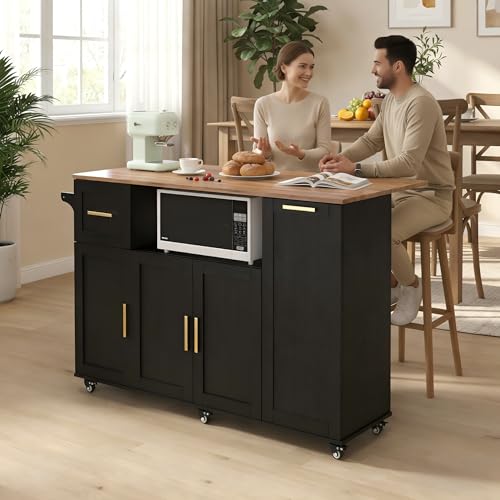 59" Rolling Kitchen Island Cart with Storage, Drop Leaf, Black | Mobile Prep Table with 2 Cabinets, Drawer & Trash Bin, All-in-one Counter Space Saver for Small Kitchens