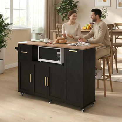 59" Rolling Kitchen Island Cart with Storage, Drop Leaf, Black | Mobile Prep Table with 2 Cabinets, Drawer & Trash Bin, All-in-one Counter Space Saver for Small Kitchens