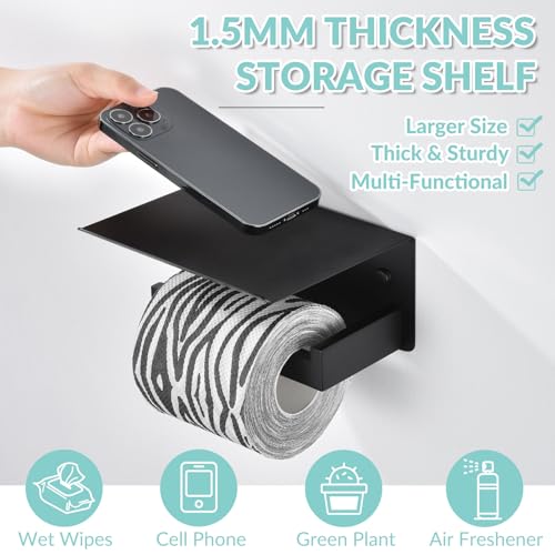 APLusee Matte Black Toilet Paper Holder with Shelf, Left Side 304 Stainless Steel Tissue Hanger, Wall Mounted - color: Matte Black