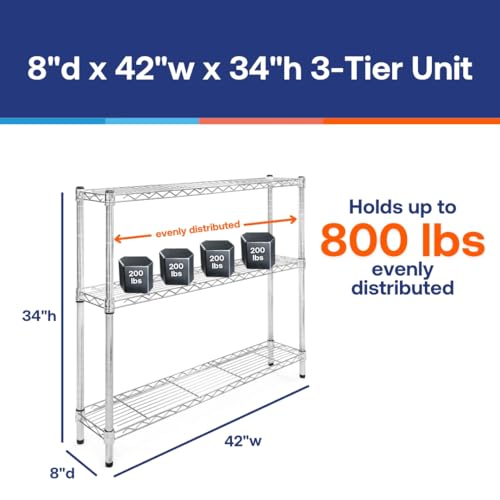Shelving Inc. 8" d x 42" w Chrome Wire Shelving with 3 Tier Shelves, Weight Capacity 800lbs Per Shelf - size: 8" d x 42" w x 34" h
