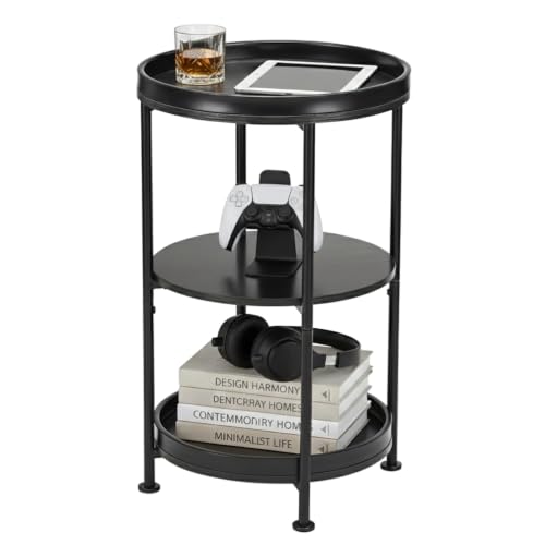 Dulcii Side Table, Round End Table with 3 Shelves for Living Room, Bedroom, Nightstand with Steel Frame for Small Spaces, Industrial Round Sofa Table, Outdoor Accent Coffee Table, Black - color: Black, style: Classic