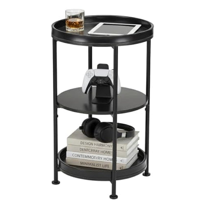 Dulcii Side Table, Round End Table with 3 Shelves for Living Room, Bedroom, Nightstand with Steel Frame for Small Spaces, Industrial Round Sofa Table, Outdoor Accent Coffee Table, Black - color: Black, style: Classic