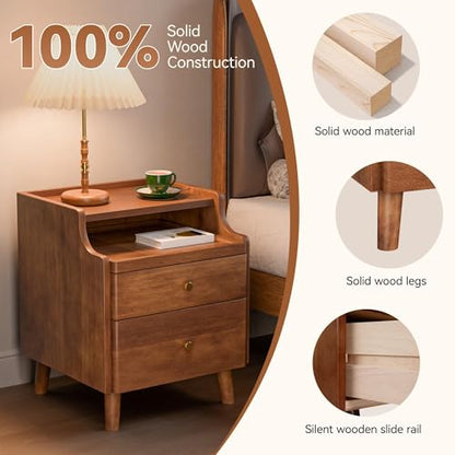 Nightstand Set of 2, Pre-Assembled, 19.7“H Solid Wood Night Stand with 2 Drawers, Open Sliding Shelf, Mid Century Modern Small Bedside Table for Bedroom, Walnut 16" - color: Walnut-2pack, size: 16"